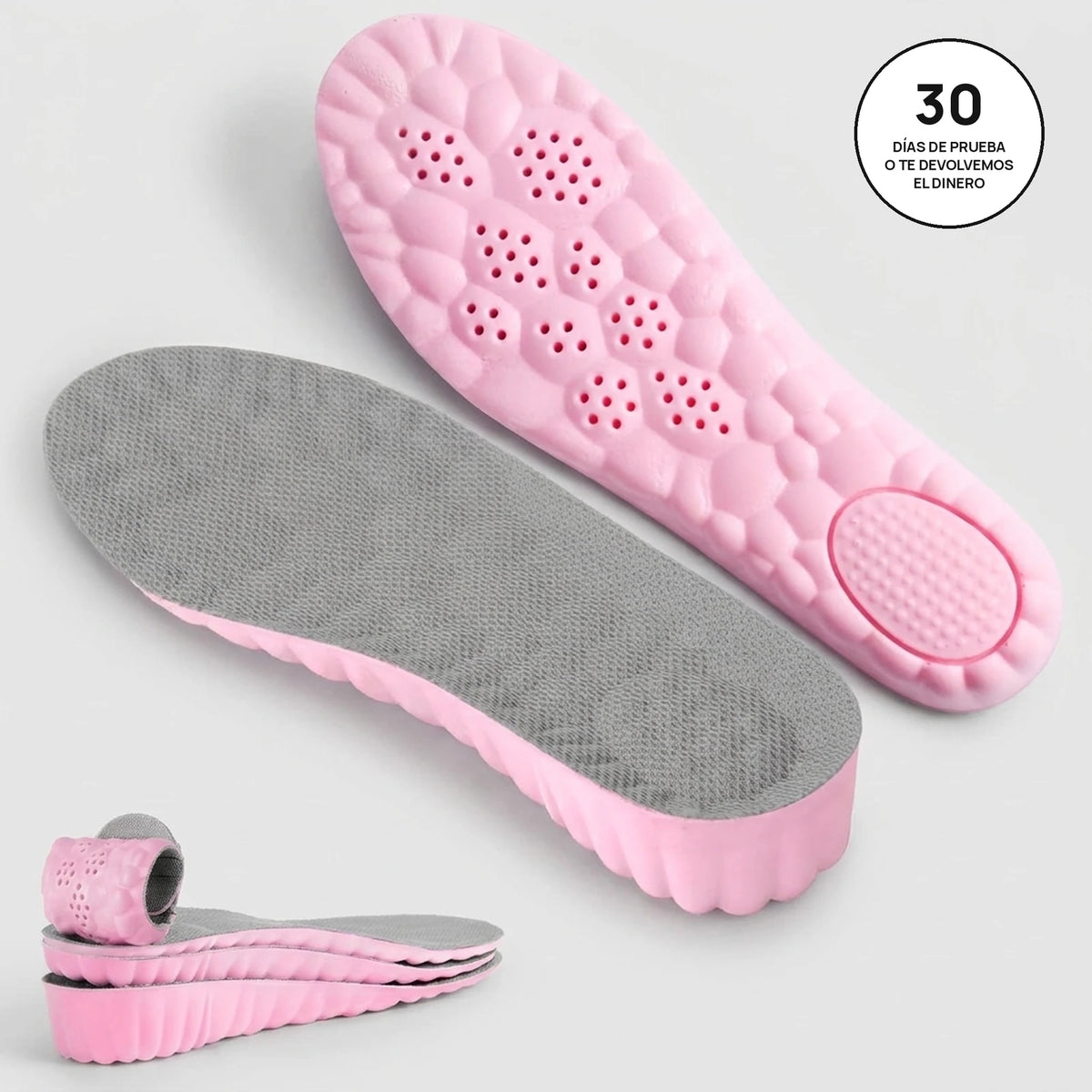 Plantilla de altura Nubelina gris y rosa: por arriba, por la suela y en sus tres alturas