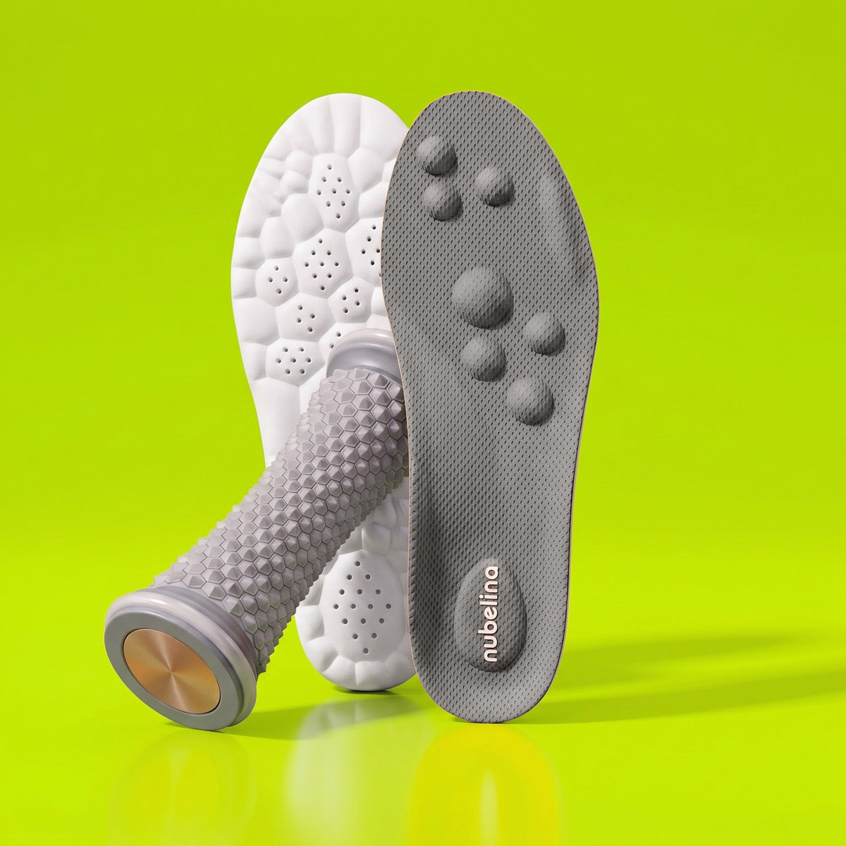 Kit fascitis plantar Nubelina con plantilla gris y rodillo de masaje