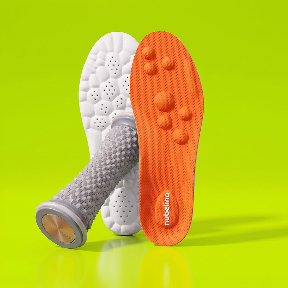 Kit fascitis plantar Nubelina con plantilla naranja y rodillo de masaje