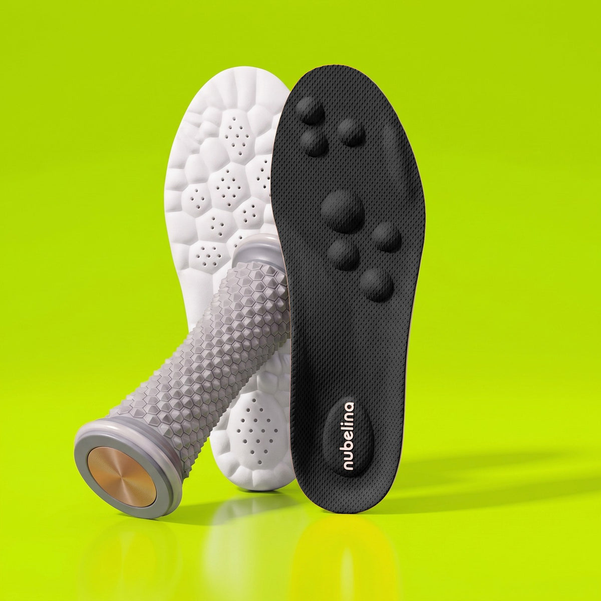 Kit fascitis plantar Nubelina con plantilla negra y rodillo de masaje