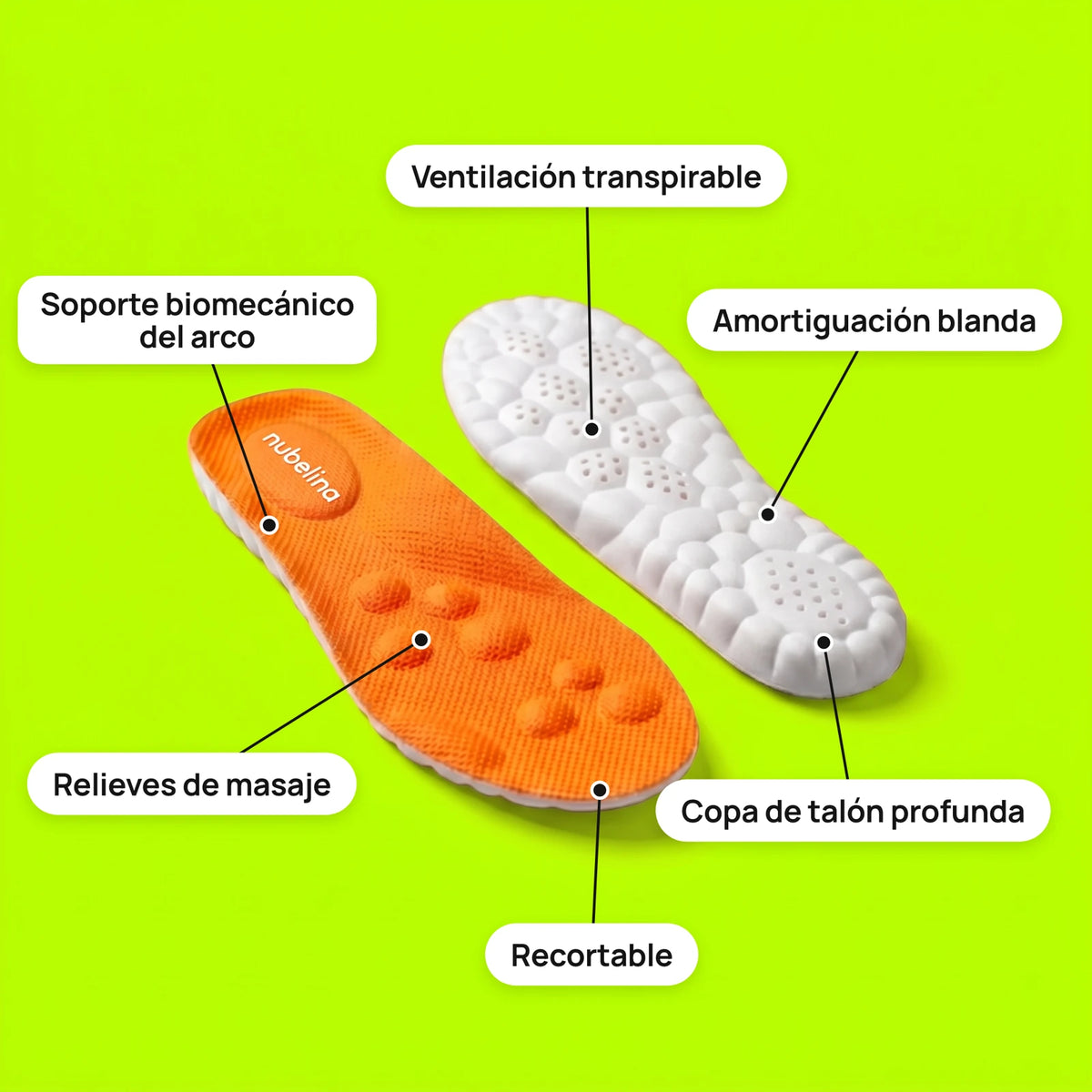 Ventilación, amortiguación, soporte del arco, relieves de masaje, copa de talón y recortable